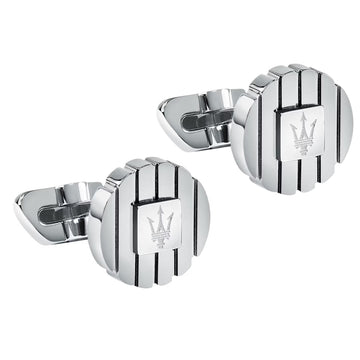 Ανδρικά στρογγυλά μανικετόκουμπα Maserati Ιconic JM5249JD01 σε ασημί χρώμα από ανοξείδωτο ατσάλι με ασημένια τρίαινα.